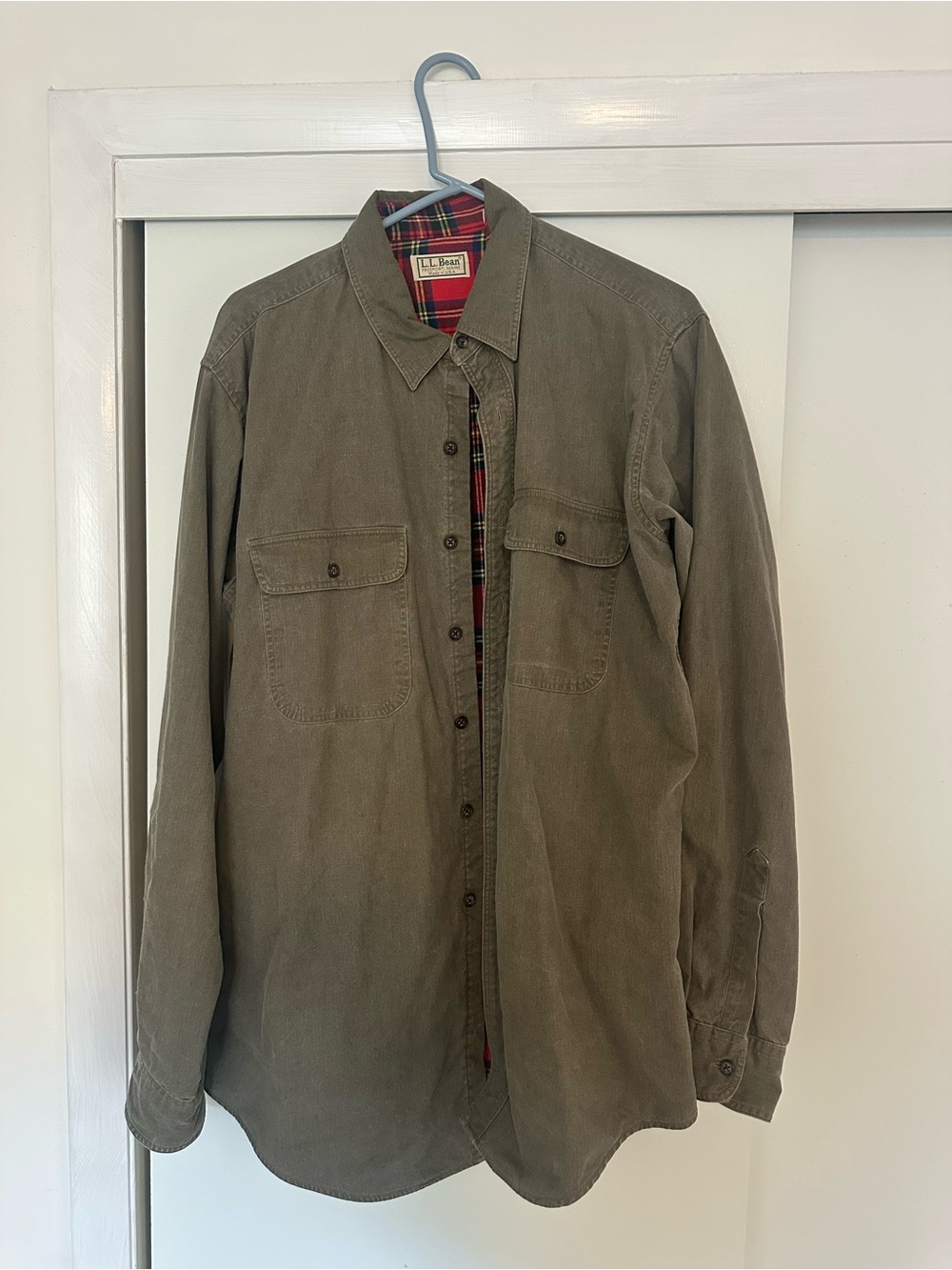 Made in USA L.L. Bean Olive Green Button-Up Shirt Jacket with Plaid Lining